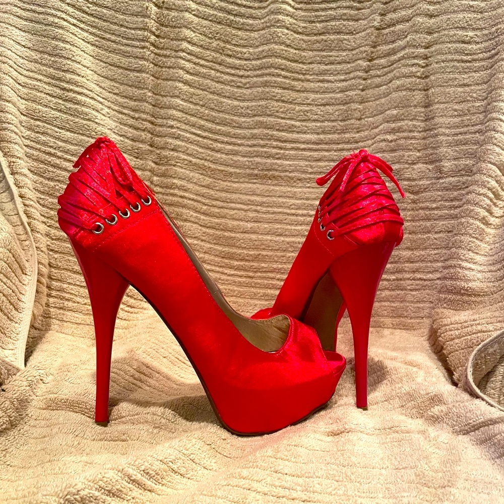 Red Satin heels- 6.5-  Just Fabulous